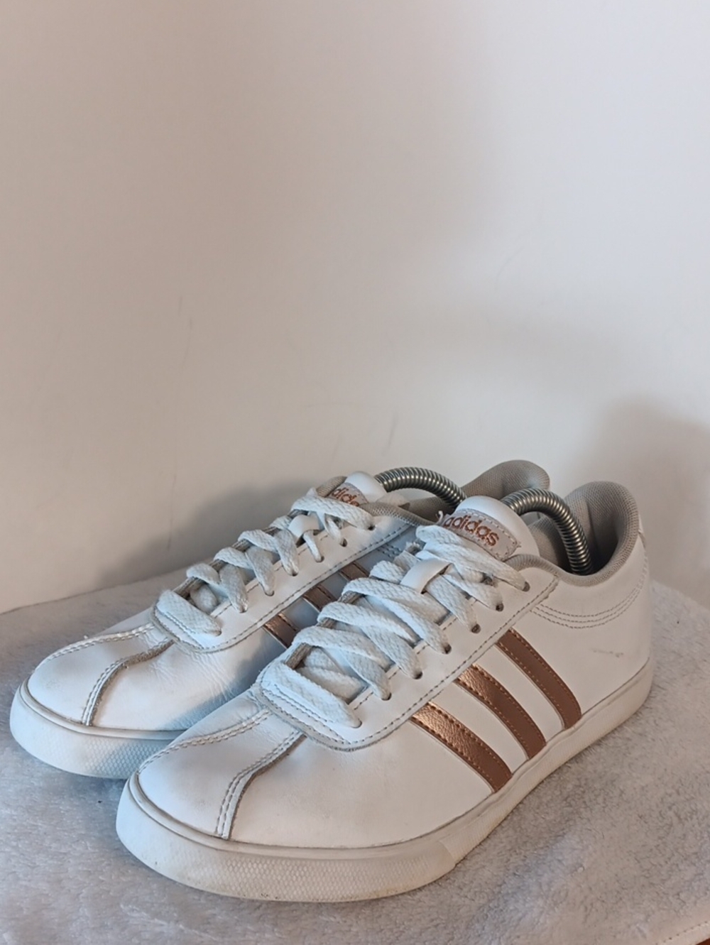 Adidas White Sneakers with Metallic Bronze Stripes